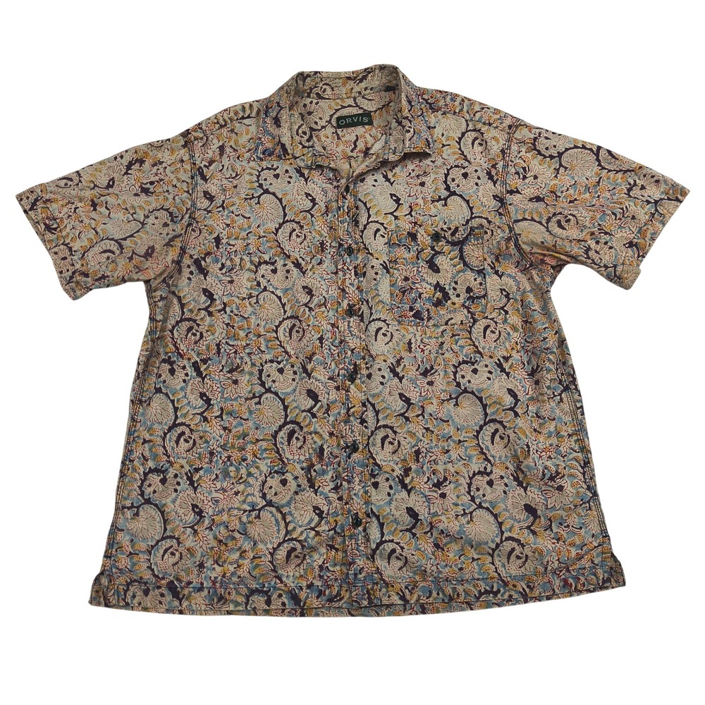 Orvis Mens Large Floral Paisley Cotton Short Sleeve Button Down Shirt Tan Blue